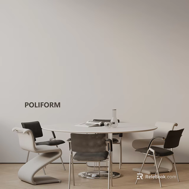 Poliform Round Dining Table Set With White Gray Chairs And Black Cushions 3d model