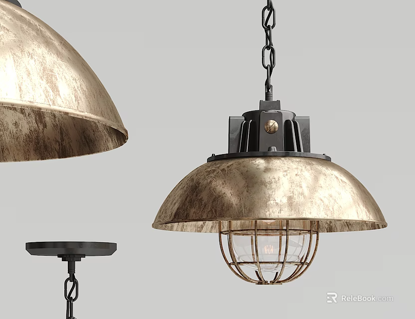 Metallic Dome Shade Chandelier With Metal Cage And Chain Hanging Design 3d model 