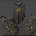 Three Olive Green Grenades With Yellow Ring Metal Pin And Textured Body Military Weapon