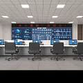 Modern Monitoring Room Interior With Large Display Screen Multiple Monitors And Control Desks