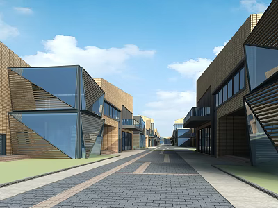 Modern Commercial Street With Geometric Glass Buildings And Brick Pedestrian Walkway 3d model