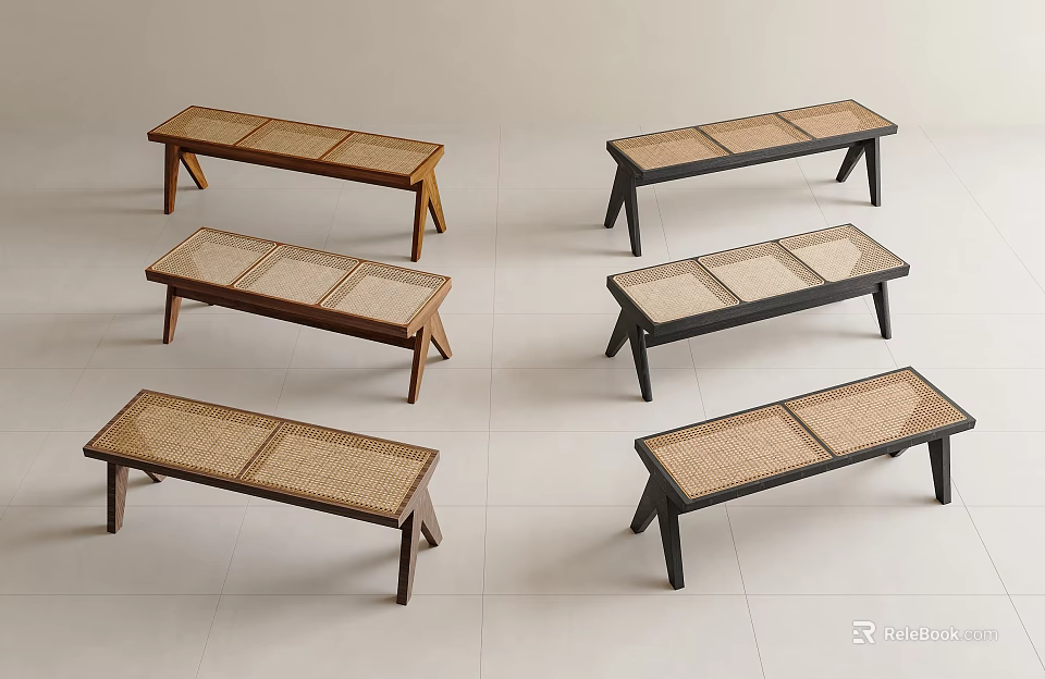 Modern Wooden Benches With Rattan Seats In Brown And Black Colors For Home Decor 3d model 