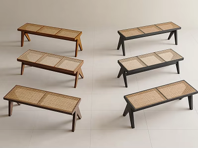 Modern Wooden Benches With Rattan Seats In Brown And Black Colors For Home Decor 3d model