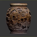 Decorative Brown Ceramic Pottery Jar With Intricate Carved Floral Patterns