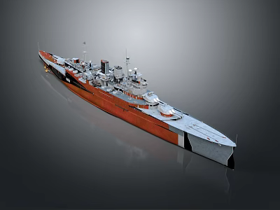 Warship 3D Model With Red and Gray Hull Deck and Turrets Design 3d model