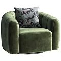 Green Velvet Single Seater Sofa With Rounded Arms And Snake Pattern Cushion 3d model