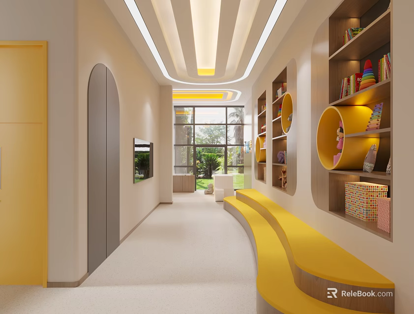 Kindergarten Corridor With Yellow Curved Benches Bookshelves Colorful Books And Large Bright Windows 3d model 