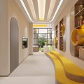 Kindergarten Corridor With Yellow Curved Benches Bookshelves Colorful Books And Large Bright Windows