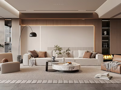 Modern Living Room Interior With Beige Sofa Brown Cushions Round Coffee Table And Fireplace 3d model