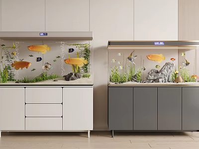 Modern Aquariums With Colorful Fish And Aquatic Decorations 3d model