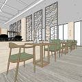 Modern Restaurant Interior With Wooden Dining Tables Green Chairs And Decorative Screens