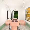 Modern Boutique Interior With Open Space Green White Decor Display Shelves Columns And Terrazzo Floor