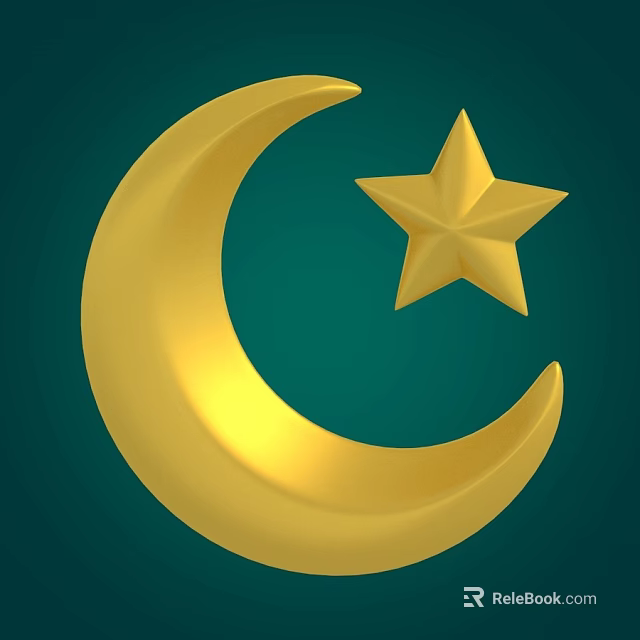 Decorative Ornament Set with Golden Crescent Moon and Star on Green Background 3d model 
