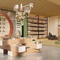 Book Art Display Space With Wooden Ceiling Shelves And Central Round Table