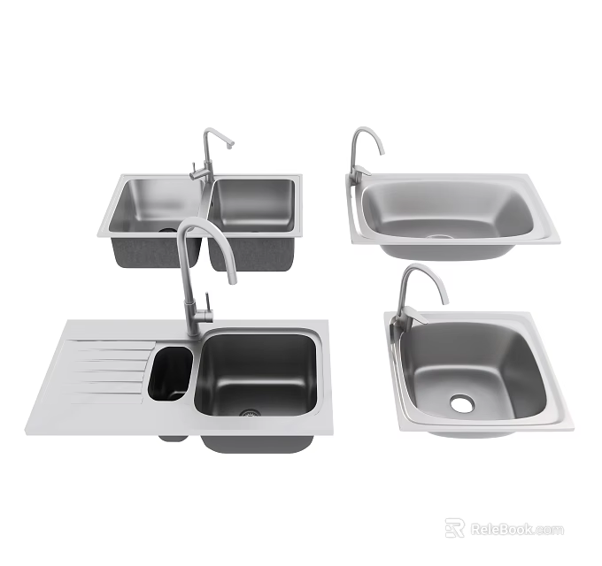 Stainless Steel Kitchen Sinks With Different Styles Single Double Bowl And Faucet Drainer 3d model 