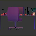 Purple Home Office Desk And Chair With Computer Lamp Plant And Apples