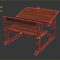 Red Wooden Desk With Matching Bench And Small Red Ball On Top