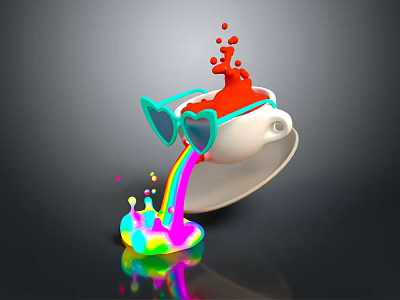 Cartoon Scene Featuring White Cup Wearing Heart Shaped Glasses Red Liquid Splashing Rainbow Colored Pool 3d model