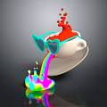 Cartoon Scene Featuring White Cup Wearing Heart Shaped Glasses Red Liquid Splashing Rainbow Colored Pool