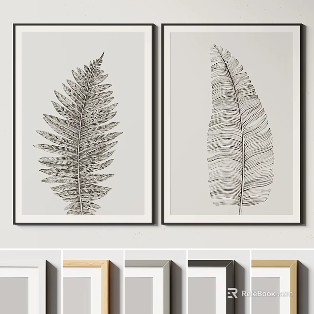 Black and White Leaf Art Prints Hanging on Wall With Various Frame Options 3d model
