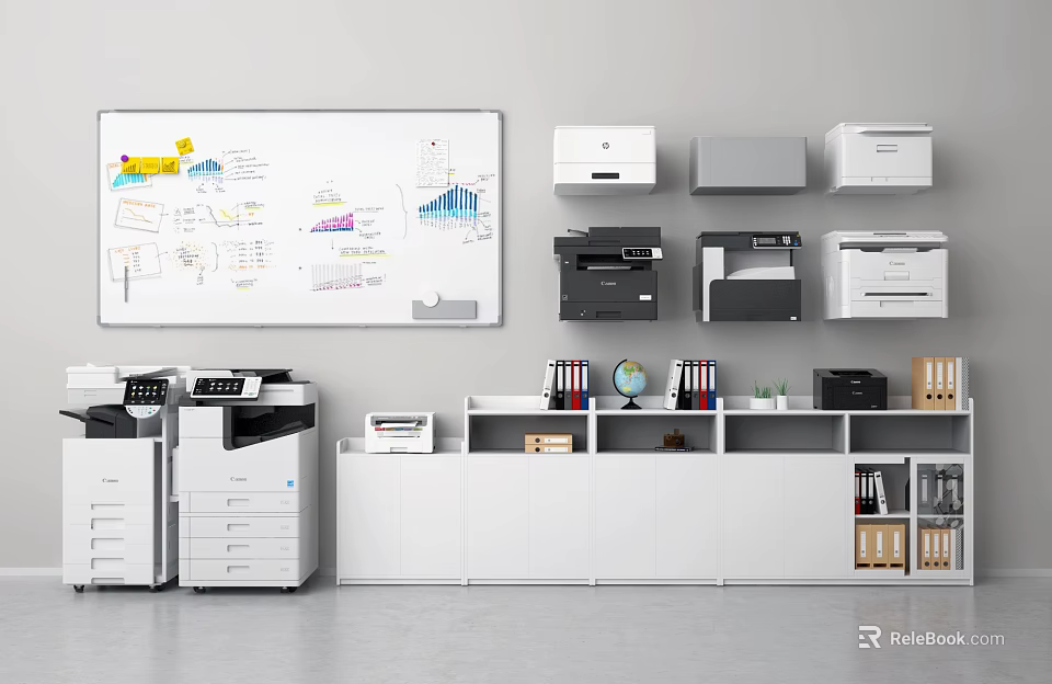 Organized Office Space With Whiteboard Charts Including Office Appliances Printers And Cabinets 3d model 