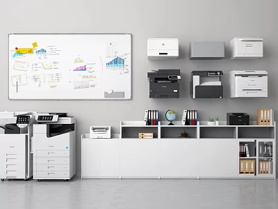Organized Office Space With Whiteboard Charts Including Office Appliances Printers And Cabinets 3d model