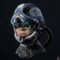 Futuristic Blue And White Helmet With Glowing Green Accents And Circular Lens