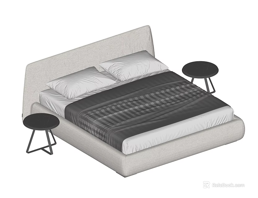 Modern Double Bed with Upholstered Headboard Two Pillows Plaid Bedspread and Side Tables 3d model 