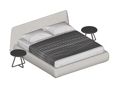 Modern Double Bed with Upholstered Headboard Two Pillows Plaid Bedspread and Side Tables 3d model