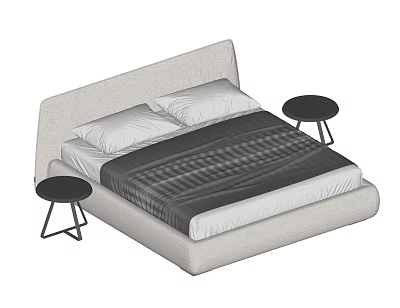 Modern Double Bed with Upholstered Headboard Two Pillows Plaid Bedspread and Side Tables 3d model