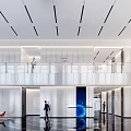 Modern Office Lobby Reception Area With Colorful Counter Female Receptionist Sleek Floor And Glass Railings