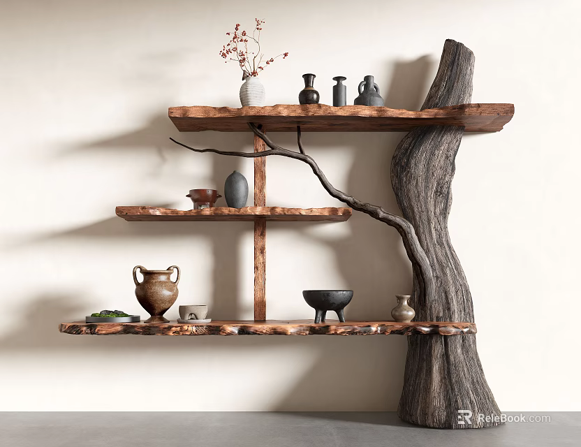 Tree Shaped Wooden Shelving Unit With Multiple Layers And Decorative Items 3d model 
