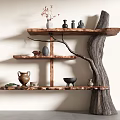 Tree Shaped Wooden Shelving Unit With Multiple Layers And Decorative Items