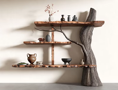 Tree Shaped Wooden Shelving Unit With Multiple Layers And Decorative Items 3d model