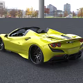 Yellow Convertible Sports Car In Outdoor Setting With Glass Building And Trees