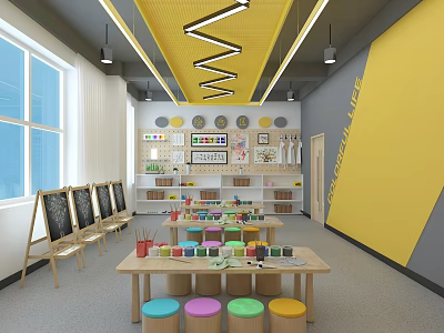 School Art Classroom With Yellow Walls Easels Colorful Paints And Stools 3d model