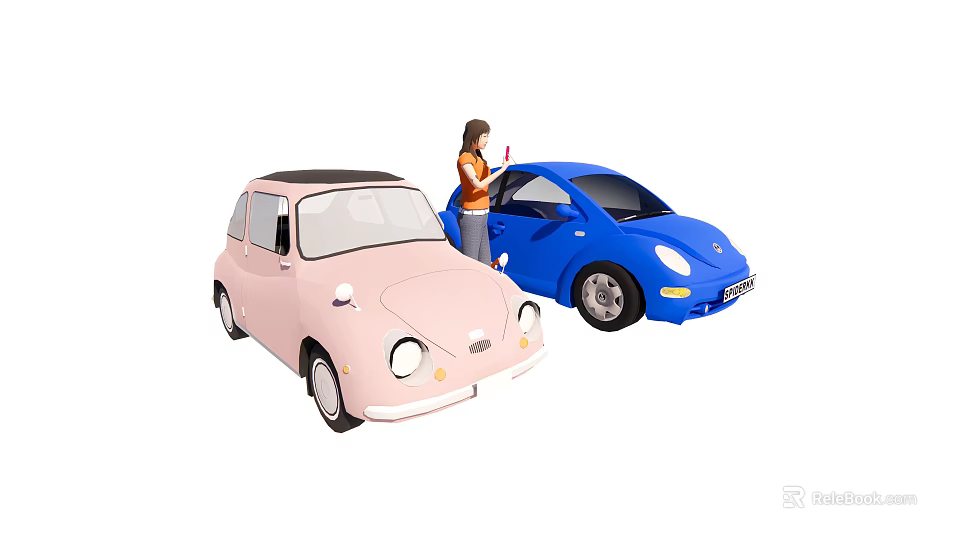 Cute Pink And Blue Small Cars With Woman Opening Blue Car Door 3d model 