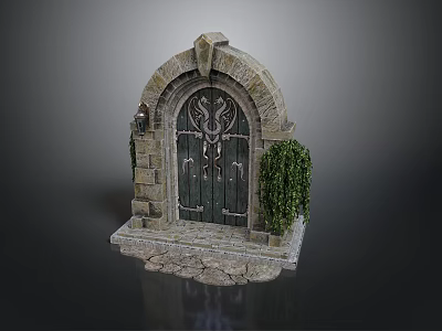 Ancient Stone Arch Door With Intricate Metal Decorations And Green Plants On Stone Base 3d model