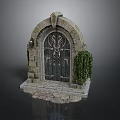 Ancient Stone Arch Door With Intricate Metal Decorations And Green Plants On Stone Base