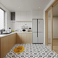 Modern Kitchen Interior With White Cabinets Wooden Countertops White Tiled Walls Blinds And Appliances