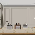 Three Modern Decorative Cabinets In Living Room Corner With White Gold Design And Decorative Items