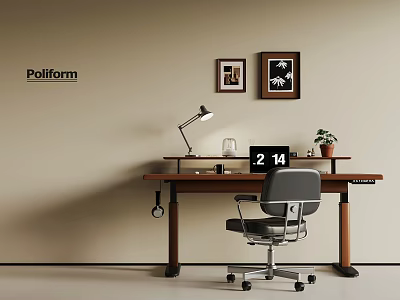 Poliform Desk With Table Lamp Framed Pictures Clock Plant And Chair 3d model