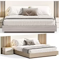 Modern Double Bed With Wooden Slat Headboard Nightstand White Sheets And Gray Pillows