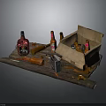 Wooden Kitchen Countertop Display With Wine Bottles Beer And Paper Bag Items