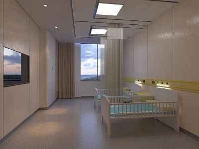 Baby Room Interior With Two White Baby Beds Window TV Curtains And Yellow Trim 3d model