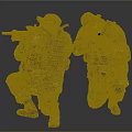 Two Soldiers In Camouflage Uniforms With Tactical Gear Crouching And Aiming Rifles
