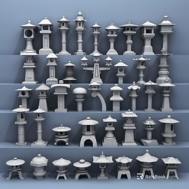 Outdoor Garden Decorative Lights With Multiple Traditional Stone Lantern Designs 3d model