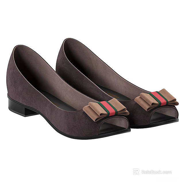 Brown Suede Women's Peep Toe Flat Shoes With Bow And Red Green Stripes 3d model 