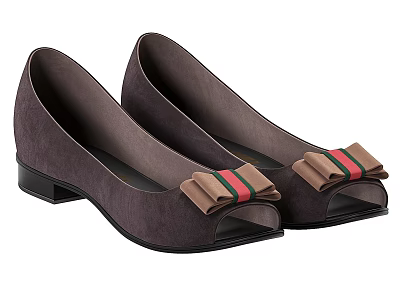 Brown Suede Women's Peep Toe Flat Shoes With Bow And Red Green Stripes 3d model