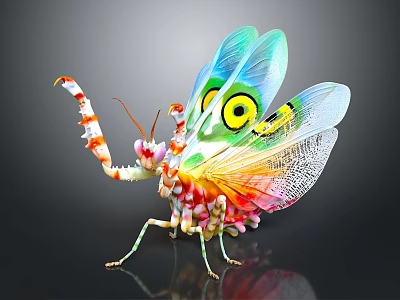 Colorful Mantis With Vibrant Wings And Eye Patterns On Black Background 3d model